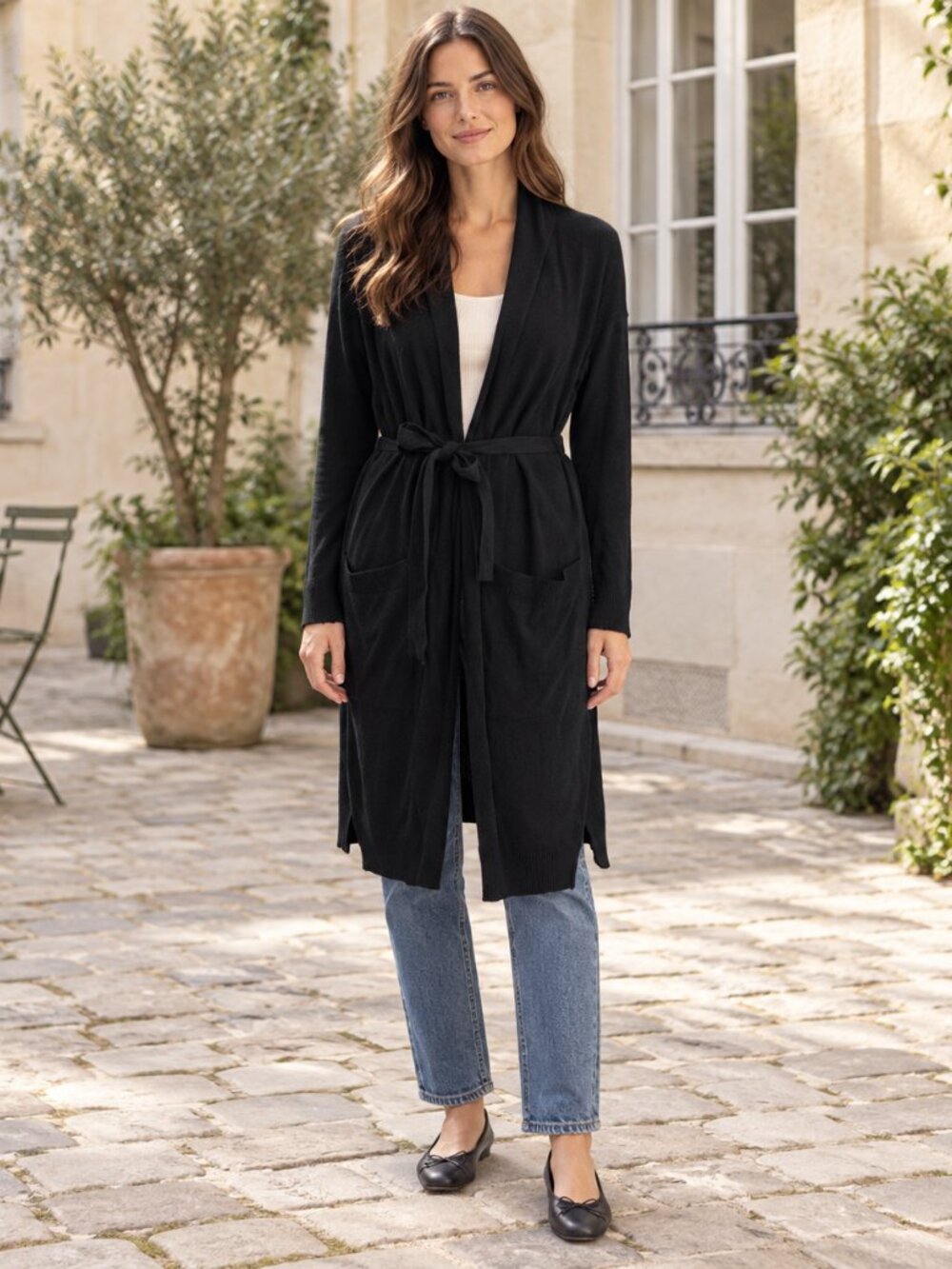 Wilfred Cardigan Womens M Black Long Wrap Tie Open Front Duster Minimalist Luxe